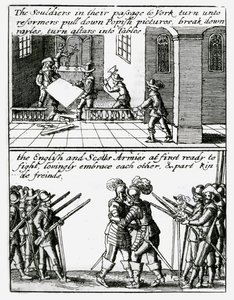 Soldados destroem imagens religiosas em uma igreja; soldados ingleses e escoceses se abraçam de Wenceslaus Hollar