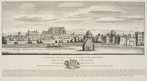 Palácio de St. James e parte da cidade de Westminster do lado norte do Pall Mall em 1660, gravado por Richard Sawyer, publicado em 1809 de Wenceslaus Hollar