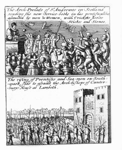 O arquiprelado de St Andrews pregando na Escócia; levantamento de aprendizes e marinheiros no Palácio de Lambeth de Wenceslaus Hollar