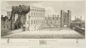 O Palácio de Whitehall, de um desenho na Biblioteca Pepysian, Cambridge, publicado em 1809 de Wenceslaus Hollar