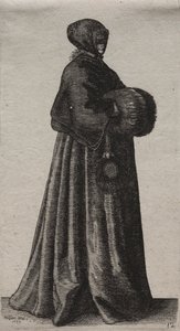 Os vários hábitos das mulheres inglesas, da nobreza às mulheres do campo como são nestes tempos: a mulher com máscara, capuz e regalo de Wenceslaus Hollar