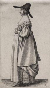 Os vários hábitos das mulheres inglesas, da nobreza às mulheres do campo como são nestes tempos: a mulher com chapéu masculino e anágua florida de Wenceslaus Hollar