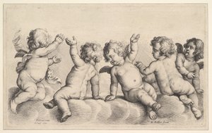Três querubins e dois meninos nas nuvens, 1620-77. de Wenceslaus Hollar