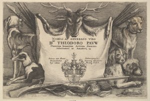Página de título com cães de caça e equipamento de caça, 1646. de Wenceslaus Hollar