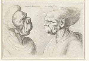 Duas cabeças deformadas Varie figurae et probae (título da série) Caricaturas, cabeças e deformidades após Leonardo da Vinci (título da série) de Wenceslaus Hollar