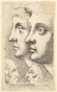 Dois jovens de perfil para a esquerda, com duas cabeças grotescas de frente para o outro, 1625-77. de Wenceslaus Hollar