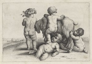 Quatro meninos, um sátiro e uma cabra Putti e Sátiros (título da série) de Wenceslaus Hollar