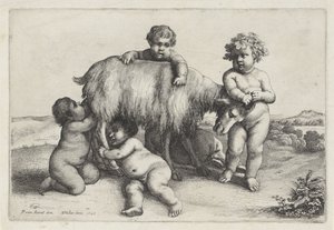 Quatro rapazes, um sátiro e um bode de pé à direita
Putti e satyrs (título da série) de Wenceslaus Hollar
