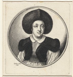 Mulher com chapéu de pele
Bustos femininos em armações redondas (título da série) de Wenceslaus Hollar
