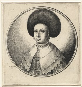 Mulher com colarinho de renda, brincos e chapéu de pele
Bustos femininos em armações redondas (título da série) de Wenceslaus Hollar