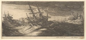 Navio de guerra e uma baleia jorrando, 1665. de Wenceslaus Hollar