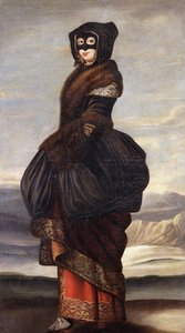 Inverno: Uma Dama, de corpo inteiro, em Fantasia Exótica, usando uma Máscara, em uma Paisagem de Wenceslaus Hollar
