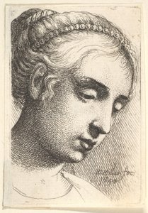 Mulher com colar de pérolas no cabelo, olhando para baixo para a direita, 1645. de Wenceslaus Hollar