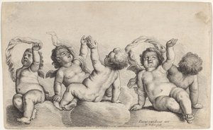 Três querubins e dois meninos, cada um levantando um braço nas nuvens de Wenceslaus Hollar, after Peeter van Avont