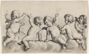 Três querubins e dois meninos nas nuvens de Wenceslaus Hollar, after Peeter van Avont