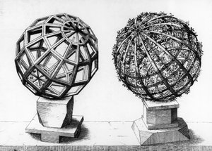 Ilustração Perspectiva, duas esferas, gravura de Perspectiva Corporum Regularium, de Wentzel Jamnitzer (1508-1585), Nuremberga de Wenzel I Jamnitzer
