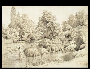 Erkrath, paisagem de riacho com rapaz a pescar de Werner Holmberg