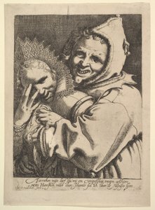 Tolo com uma garota olhando através de seus dedos. de Werner Jacobsz. van den Valckert