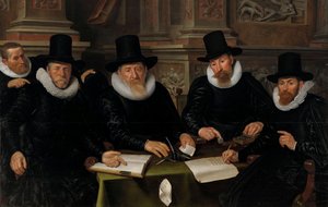 Quatro regentes e o &39;pai da casa&39; do asilo de leprosos de Amsterdã, 1624 de Werner Jacobsz van den Valckert