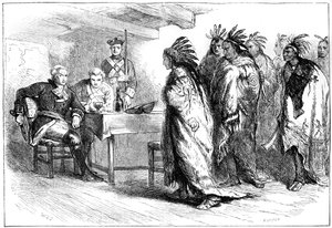 Visita de Pontiac e dos índios ao Major Gladwin, 1763 c1880.