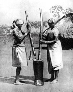 Duas mulheres da tribo Mashona batendo milho e painço, Zimbábue, África, 1936.