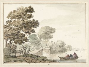Paisagem com uma ponte de madeira e árvores ao longo de um canal de Wigerus Vitringa
