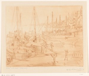 Navios ancorados na margem do Ganges em Benares Ships Unloading II (título original) de Wijnand Otto Jan Nieuwenkamp (signed by artist)