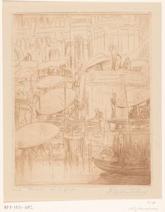 Homens e mulheres que tomam banho e rezam nas margens do Ganges em Benares
Banhos e orações (título original)
Sobre o Ganges (título sobre o objecto) de Wijnand Otto Jan Nieuwenkamp (signed by artist)