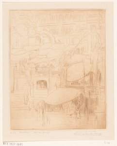 Homens e mulheres tomando banho e rezando nas margens do Ganges em Benares Orando e Orando (título original) No Ganges (título no objeto) de Wijnand Otto Jan Nieuwenkamp (signed by artist)