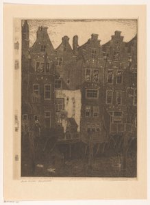 Casas no Voorstraathaven em Dordrecht O canal, Dordrecht (título original) Casas antigas, Dordrecht (título no objeto) de Wijnand Otto Jan Nieuwenkamp (signed by artist)