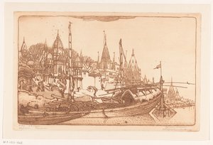 Navio com lenha na margem do Ganges em Benares Navio com lenha, Benares (título original) Navios, Benares (título no objeto) de Wijnand Otto Jan Nieuwenkamp (signed by artist)
