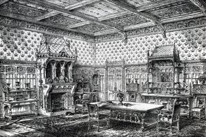 Design para uma sala de jantar gótica, publicado em The House-Furnisher & Decorator, 1 de setembro de 1872 de Wilberforce Haddon