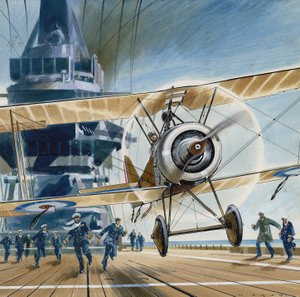 A primeira aterragem no convés (guache sobre papel) de Wilf (20th century) Hardy