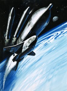 O vaivém espacial no momento em que se desprende de dois dos seus motores de foguetão de Wilf (20th century) Hardy