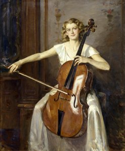 Retrato de Florence Hooton a tocar violoncelo. Por Wilfred de Glehn