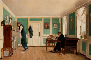 Interior de Amaliegade. Capitão Carl Ludvig Bendz de pé e Dr. Jacob Christian Bendz sentado.