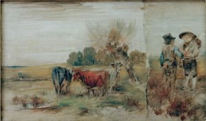 Doppelbild: Vacas no pasto, dois fazendeiros conversando de Wilhelm Busch