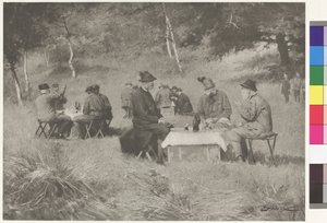 Grupo de caça - O imperador Francisco José à mesa com o príncipe Leopoldo da Baviera e o grão-duque Fernando IV da Toscânia de Wilhelm Gause