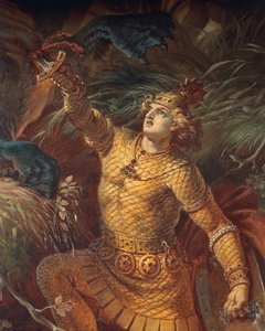 Sigurd matando o dragão Fafuir segurando a espada Gram, detalhe, da Saga Sigurd, salão inferior, c.1882-83 (mural) (ver também 419035)