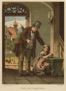 Pai consolando a filha depois que ela sofreu as consequências de provocar um cachorro (lito colorido) de Wilhelm Ludwig Heinrich Claudius
