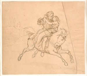 O rapto. Casal de equitação, ao fundo castelo ou castelo de Wilhelm Marstrand