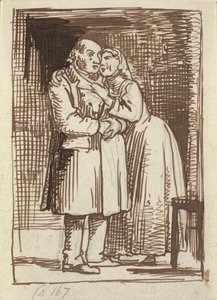 A esposa desleixada Uma esposa fala urgentemente com seu velho marido e tem os braços em volta do pescoço de Wilhelm Marstrand