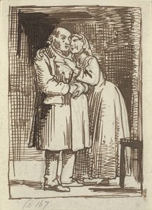 A esposa desleixada Uma esposa fala urgentemente com seu velho marido e tem os braços em volta do pescoço de Wilhelm Marstrand