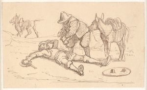 Dom Quixote fica ferido e é ajudado por Sancho de Wilhelm Marstrand