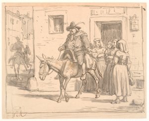 Dom Quixote e Sancho Pança saem da taberna de Wilhelm Marstrand