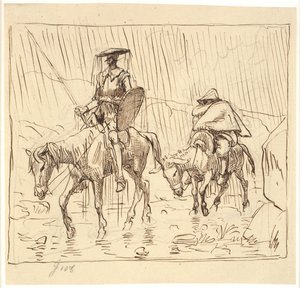 Dom Quixote e Sancho Pança cavalgam na chuva