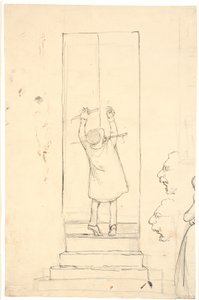 Um homem pequeno fica na ponta dos pés para abrir uma porta com um martelo. Esboço de perfis e mulher de Wilhelm Marstrand