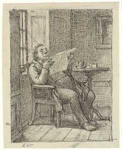 Um cavalheiro gordo lendo um jornal com seu café de Wilhelm Marstrand