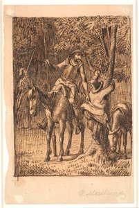 Antes da luta com o Cavaleiro dos Espelhos, Dom Quixote ajuda Sancho Pança a subir em uma árvore de Wilhelm Marstrand