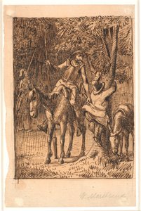 Antes da luta com o Cavaleiro dos Espelhos, Dom Quixote ajuda Sancho Pança a subir em uma árvore de Wilhelm Marstrand